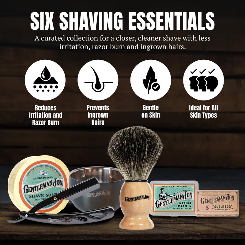 Gentleman Jon Straight Razor Shaving Kit - Vintage Wet Shave Grooming Set, Includes Straight Edge Razors for Men, Badger Hair Shaving Brush, Alum Block, Shave Soap, Bowl & Double Edge Safety Blades - Image 2